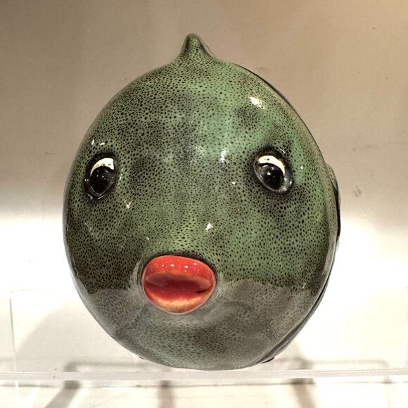 Finnish Ceramic Green Black Stripes Puffer Fish Sculpture By Marja Myllymaki - Picture 7 of 12